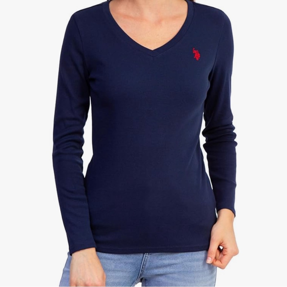 Turquoise Polo Jersey V Neck Long Sleeve Tee